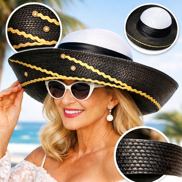 Vintage Accessories - Vintage Italian Wide Brim Straw Hat Black Gold Trim Statement Sun Hat